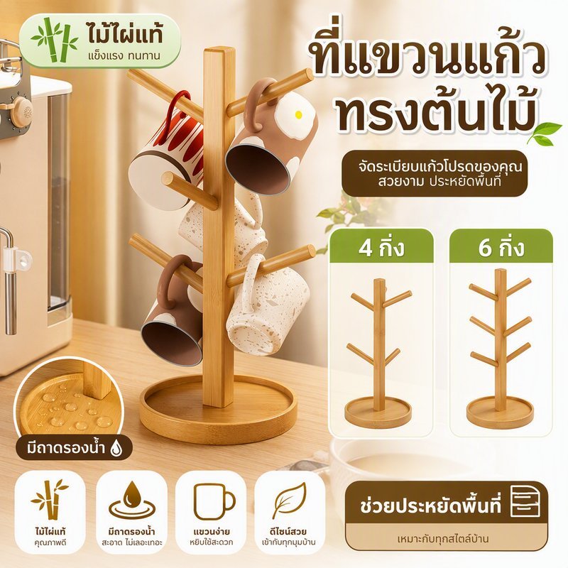 ที่แขวนแก้วแบบต้นไม้ ไม้ไผ่ มีถาดรองน้ำ ใส่มาร์คคัพแก้วกาแฟ ใช้ครัวห้องนั่งเล่น ประหยัดพื้นที่ จัดเก็บตกแต่งบ้าน