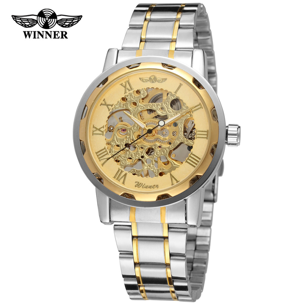 T-WINNER/WINNER 8008 Skeleton Gear Manual Mechanical Watch Roman Scale Mechanical Steel Band Watch