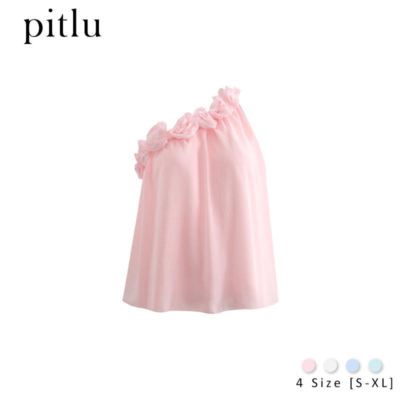 พิทลู เสื้อแขนกุดไหล่เดียวสําหรับฤดูร้อนของผู้หญิงสีทึบดีไซน์อสมมาตรตกแต่งดอกไม้สามมิติทรงหลวมใส่แล้วดูผอม หวาน สดใส ตะลุย