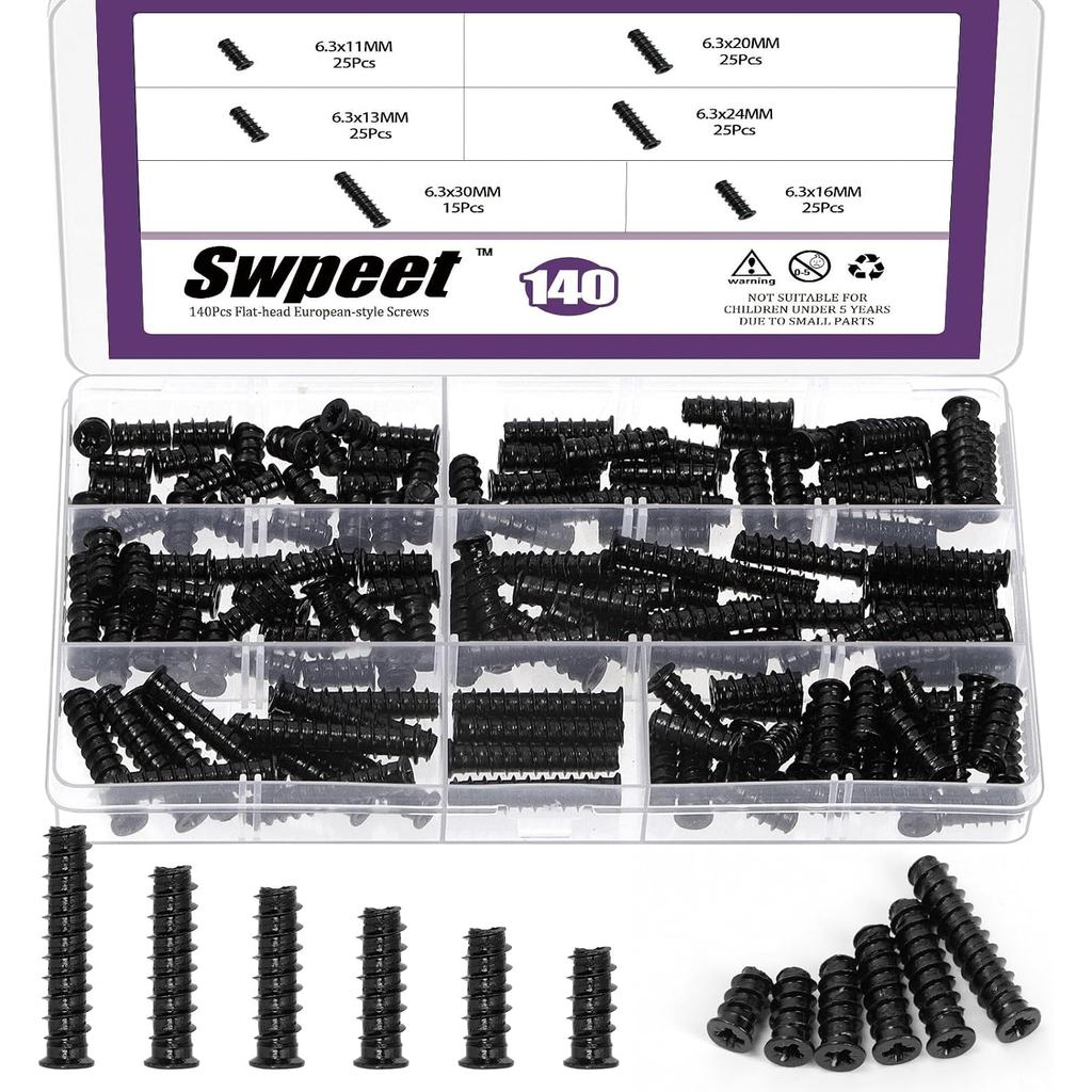 Swpeet 140 ชิ้น 6 ขนาด Black Cross Flat Head Euro Screws Kit, Phillips Countersunk เฟอร์นิเจอร์ Euro