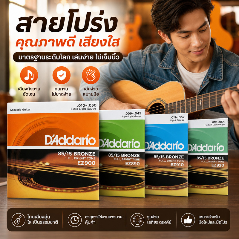 สายกีตาร์โปร่ง&สายกีตาร์ไฟฟ้า ชุดเต็ม 6 เส้น มีเบอร์ 9/10/11/12 สัมผัสจับนิ่ม เสียงใส กังวาล