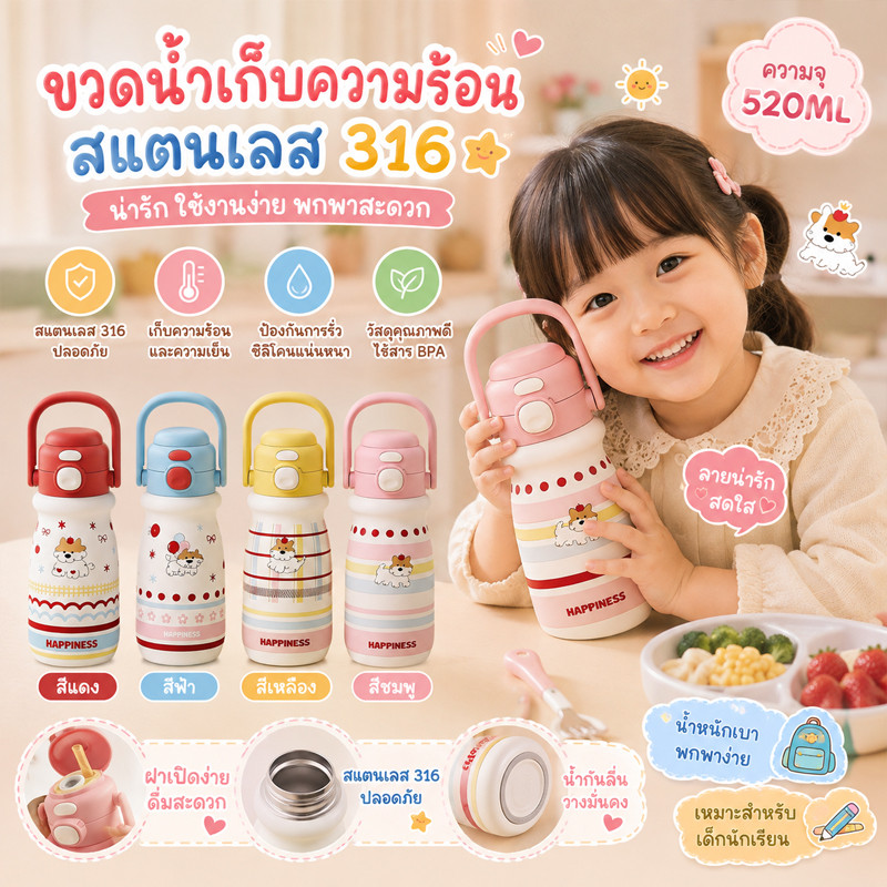 2026 รุ่นใหม่ ถ้วยความร้อน สแตนเลส 316 แก้วน้ำนักเรียน การ์ตูนน่ารัก สะดวกในการพกพา