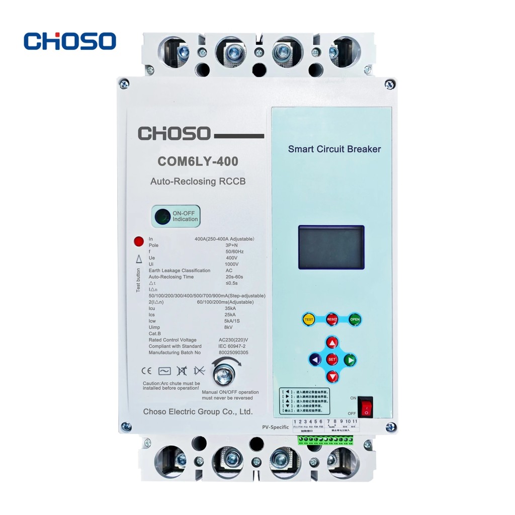 PVGR COM6LY-400 CHOSO 4P Moulded Case เบรกเกอร์อัตโนมัติ 400V พลาสติก 25kA/35kA ทําลายแรงดันไฟฟ้าเกิ