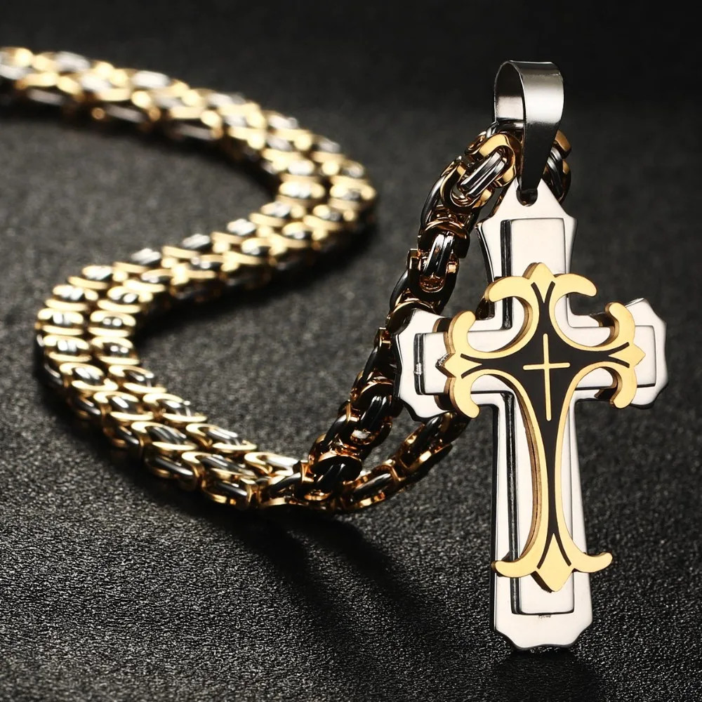 Vintage สแตนเลส Fleur-de-lis Cross สร้อยคอจี้ยาว Byzantine สร้อยคอผู้ชายเครื่องประดับ NC07