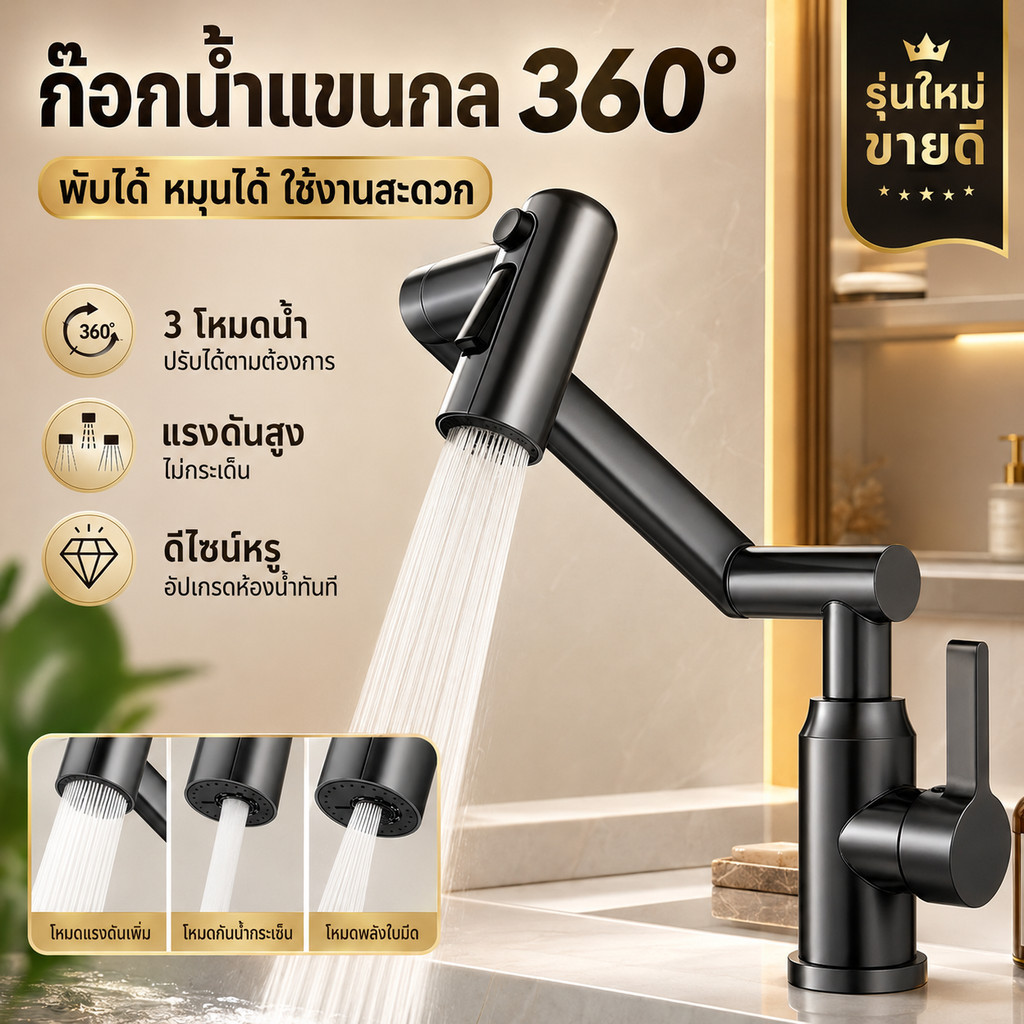 ก๊อกน้ำ ก๊อกน้ำแขนกล อเนกประสงค์ ก๊อกผสมอ่างล้างหน้า ลักซูรี่มินิมอล สแตนเลส ปรับน้ำได้ 3 ระดับ หมุนได้ 1080°