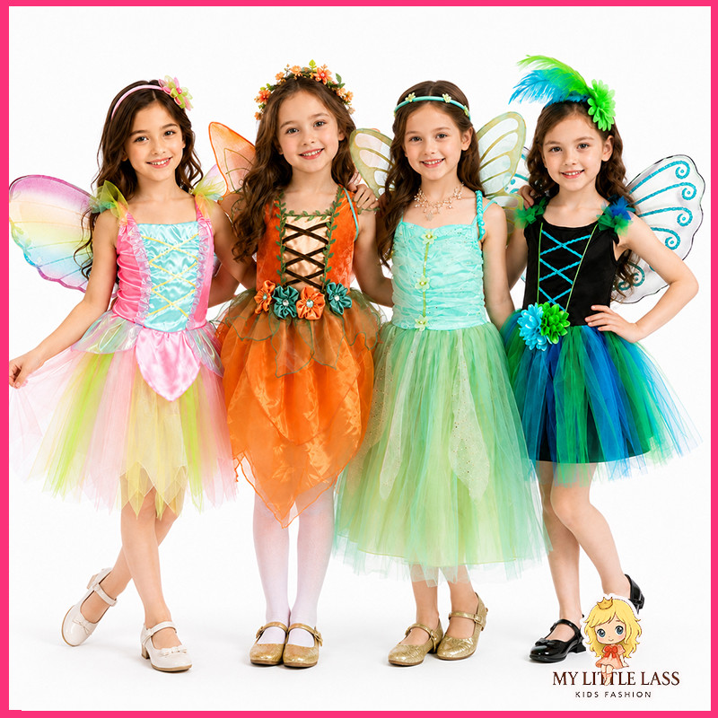 MYLITTLELASS เด็กสวยขนนกยูงเจ้าหญิง Fairy Takes Fly Sleeve Party Dress with Wings Fairy Outfit 3-12Y