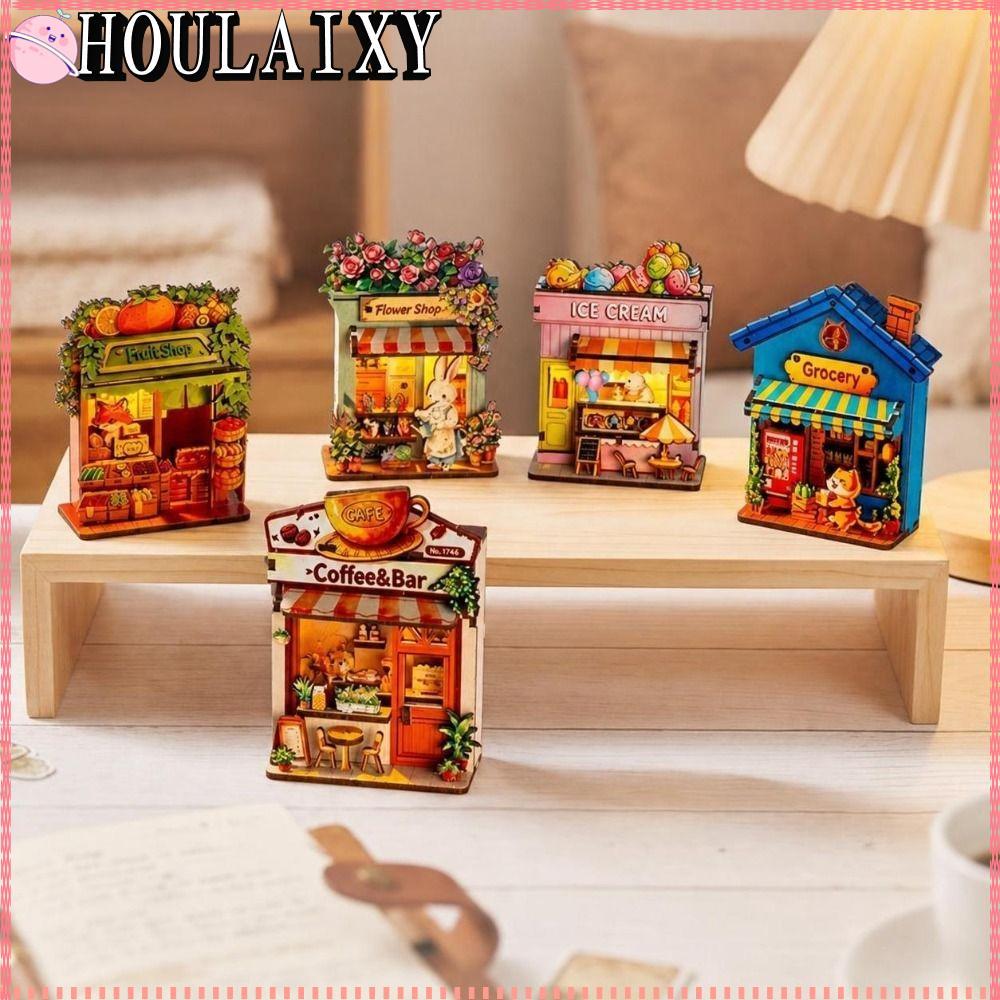 HOULAIXY DIY ไม้ Mini House, สัตว์ร้านแม่เหล็กตู้เย็น DIY, DIY Handcraft ตกแต่งบ้านพร้อมไฟ Mini Hous