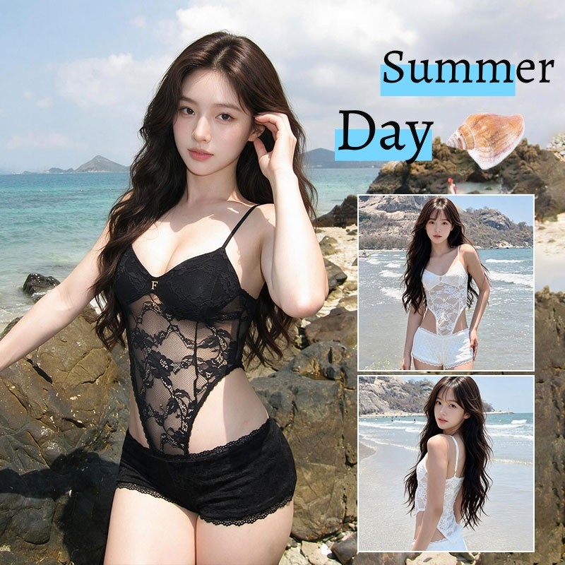 Summer Day ดำ/ขาว ลูกไม้ บอดี้สูท ชุดสองชิ้น Sexy INS ชุดว่ายน้ำ คอวีลึก ปลอบโยน น่ารักและหวาน ส่งไวจากไทย