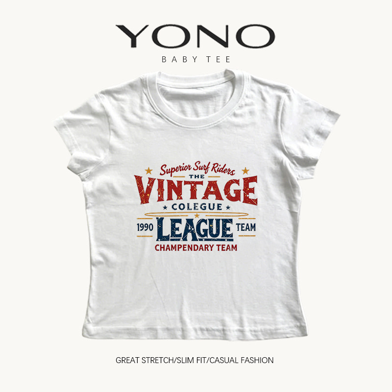 (พร้อมส่ง24ชม.) YONO Baby Tee เสื้อยืดผู้หญิงทรงเข้ารูป ลาย VINTAGE COLLEGE LEAGUE 1990 สไตล์เรโทร