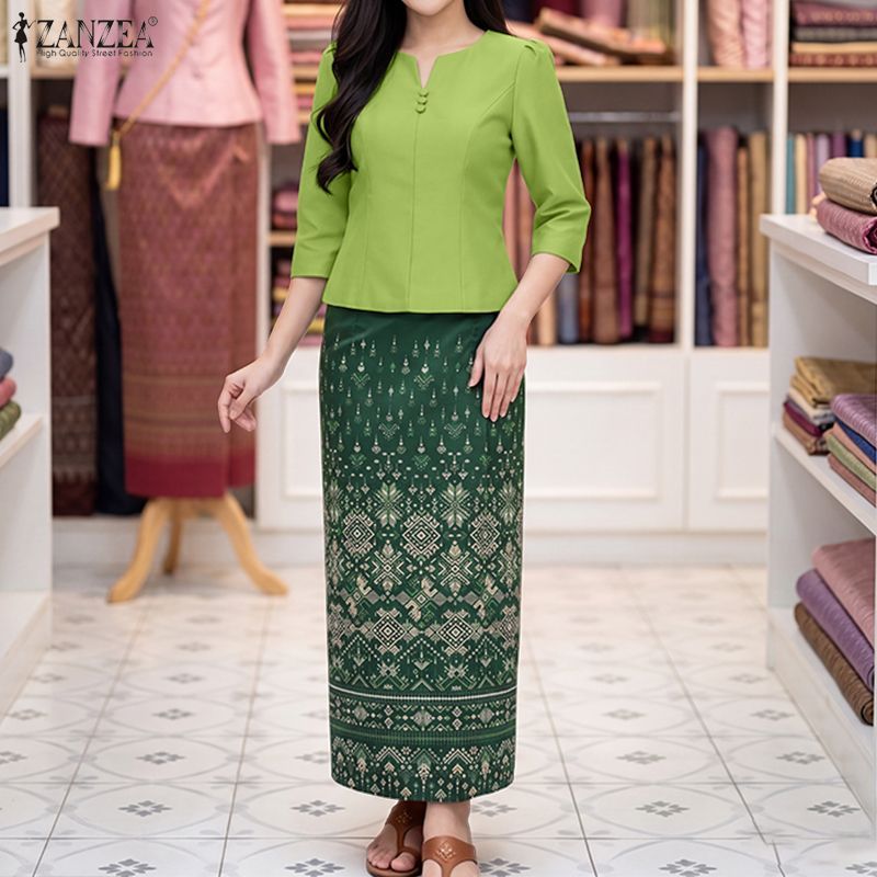 ZANZEA ซานเซีย ผู้หญิงปุ่มชาติพันธุ์แขนสั้นสีทึบ โอ คอพิมพ์ชุดชุดชุด — صورة 4
