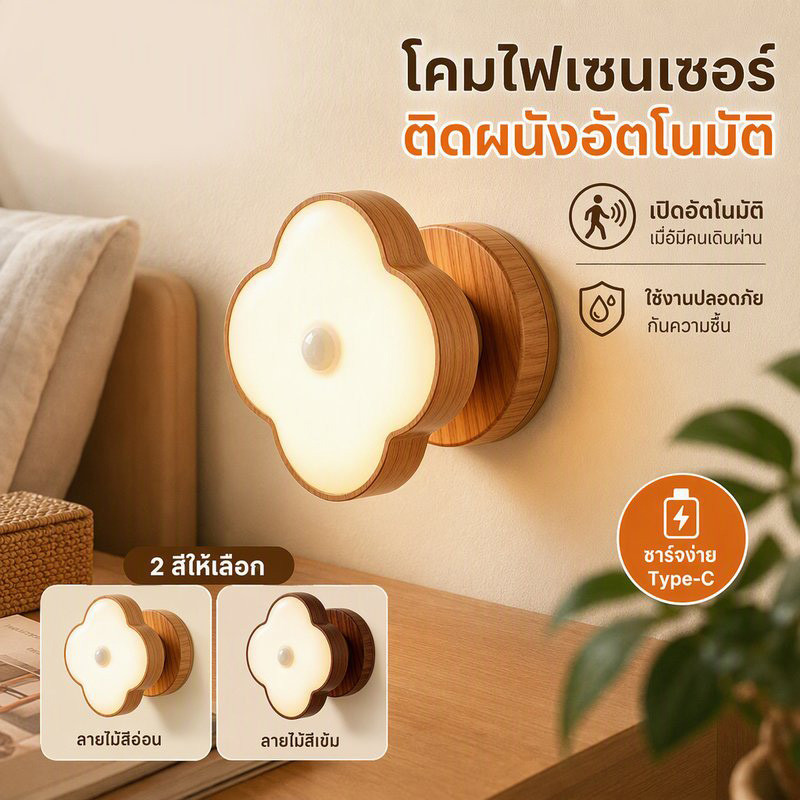 ไฟกลางคืนเซ็นเซอร์ อัตโนมัติ อินฟราเรด ระยะตรวจจับ 5 เมตร ชาร์จ Type C ติดผนังดูดสุญญากาศ