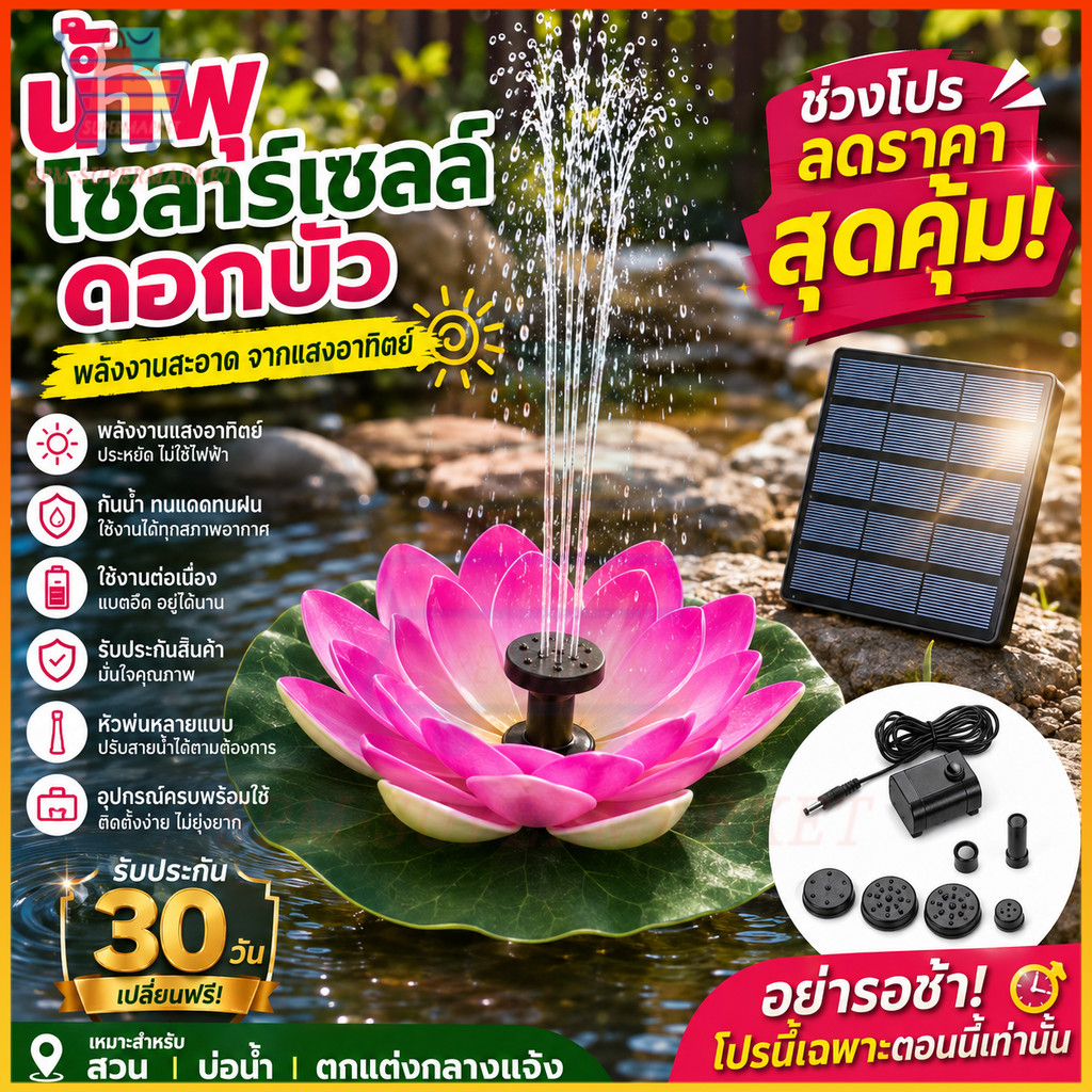 น้ำพุพลังเเสงอาทิตย์ เครื่องปั๊มน้ําพุ รูปดอกบัว สเปรย์น้ำสูง สําหรับตกแต่งสวน สระว่ายน้ำ น้ำพุกลางแจ้งดอกบัว