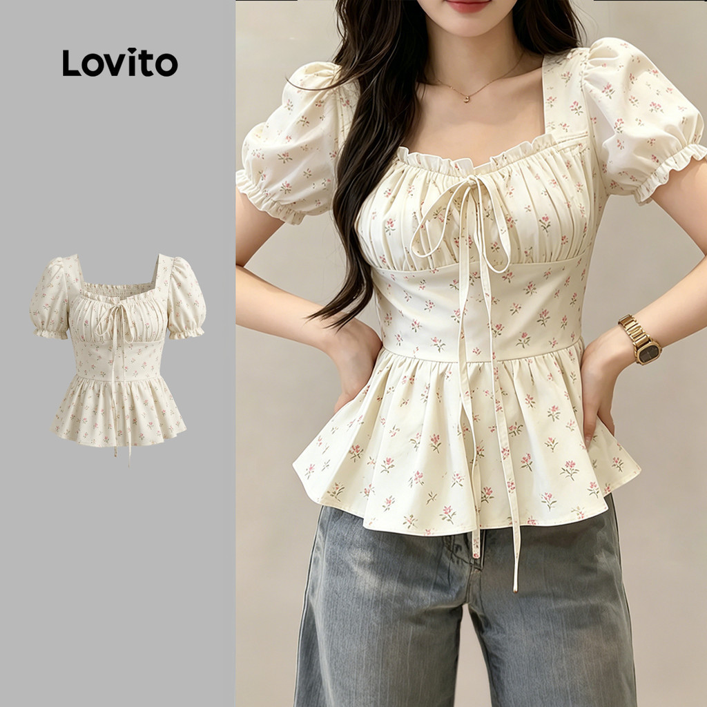 (New Arrival) Lovito เสื้อเบลาส์ลําลองสําหรับผู้หญิง ลายโบว์ สไตล์สปริง/ฤดูร้อน เกาหลี อินเทรนด์ LK7AD138