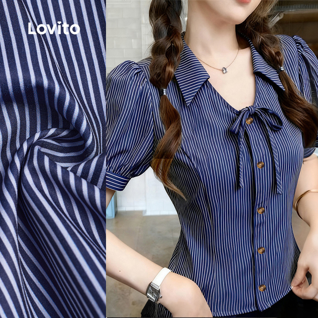 Lovito เสื้อเชิ้ตแคชชวลสำหรับงานปาร์ตี้ ติดกระดุมด้านหน้า สำหรับฤดูใบไม้ผลิ/ฤดูร้อน สำหรับผู้หญิง L165ED669