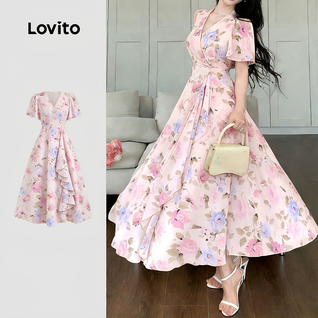 Lovito โบโฮ เดรส ซิป ชายระบาย เดรสฤดูใบไม้ผลิ/ฤดูร้อนสําหรับผู้หญิง LK5ED465