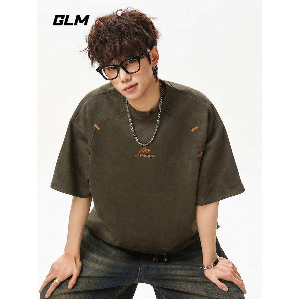 GLM อย่างเป็นทางการแท้อเมริกันย้อนยุคเย็บวางแขนไหล่รอบคอแขนสั้นเสื้อยืดผู้ชายหลวมสบายๆถนนสวมใส่การออ