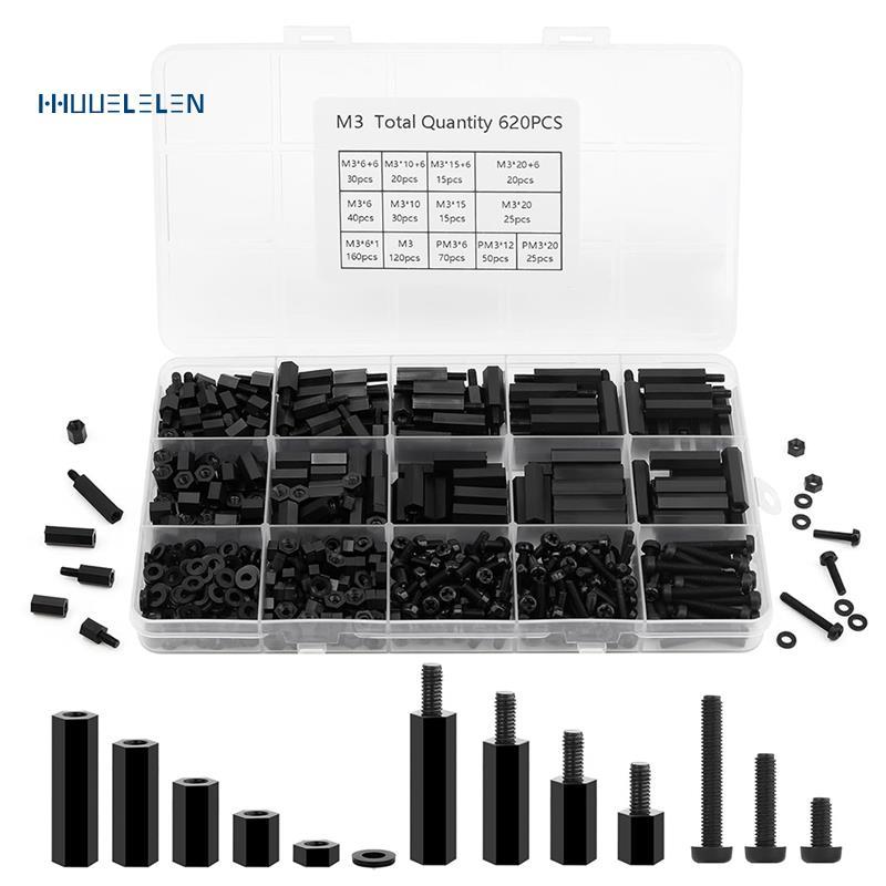 [Promote H]Standoff Kit 620 ชิ้น M3 ไนลอน, ตัวเว้นวรรคเกลียวสีดําพร้อมสกรู เครื่องซักผ้าถั่ว, สําหรั