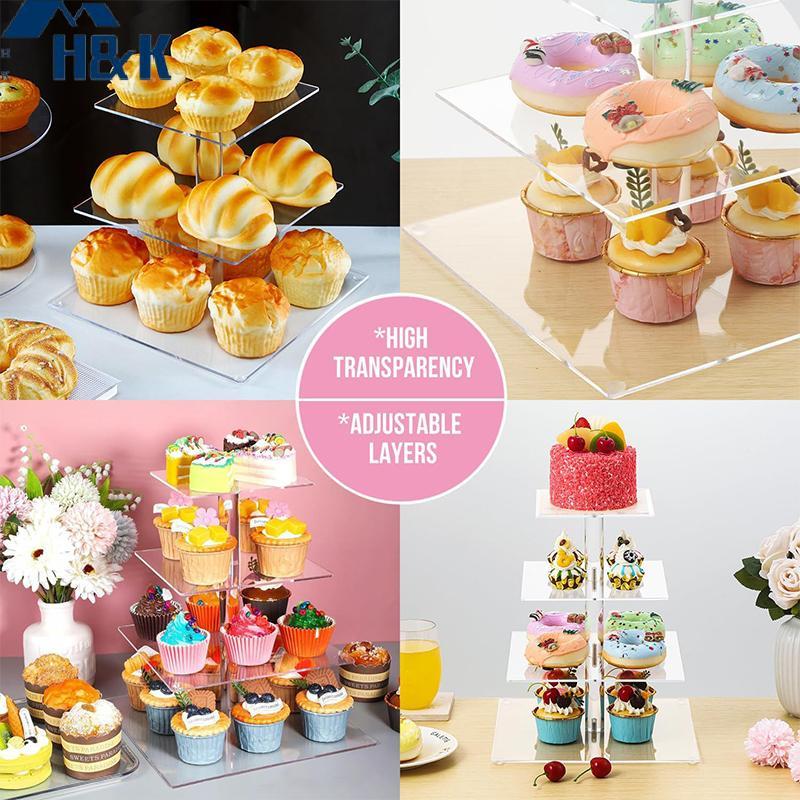 [H&K] 3/4/5 ชั้นอะคริลิครอบ Cupcake Stand Clear วันเกิด Cupcake Stand Holder ขนมสําหรับงานแต่งงานวัน