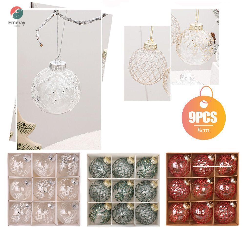 EMERAY 9PCS Christmas Tree Balls,ตกแต่งบ้าน 9 ซม.แขวนลูกบอล,สีพิมพ์PET Navidad Xmas Treeแขวนเครื่องป