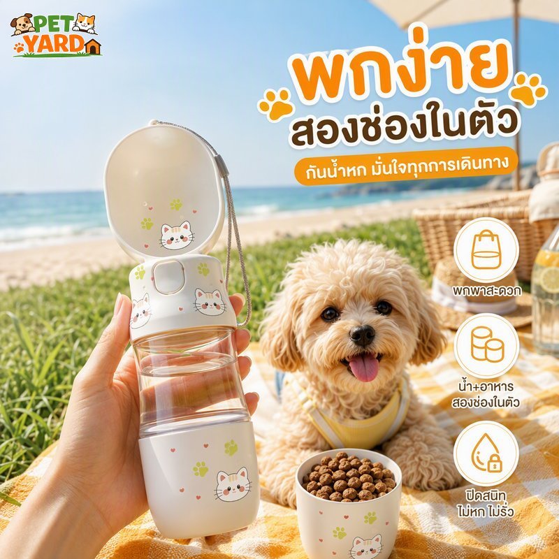 ขวดน้ำสัตว์เลี้ยงพกพา 2in1 ช่องน้ำช่องอาหาร กันรั่ว ถอดล้างได้ ขวดน้ำสุนัขแมว เดินทาง
