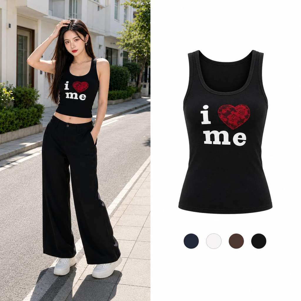 เสื้อแขนกุดผู้หญิง ลาย i love me ทรงเข้ารูป เสื้อแฟชั่นเกาหลี