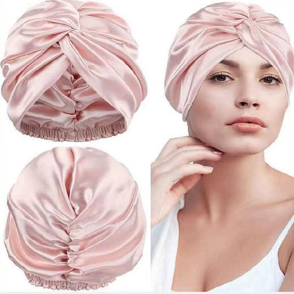 ผู้หญิงซาติน Solid Sleeping หมวก Double Layered Night Sleep หมวกสําหรับผู้หญิงหมวกอาบน้ํากันน้ํา D8t