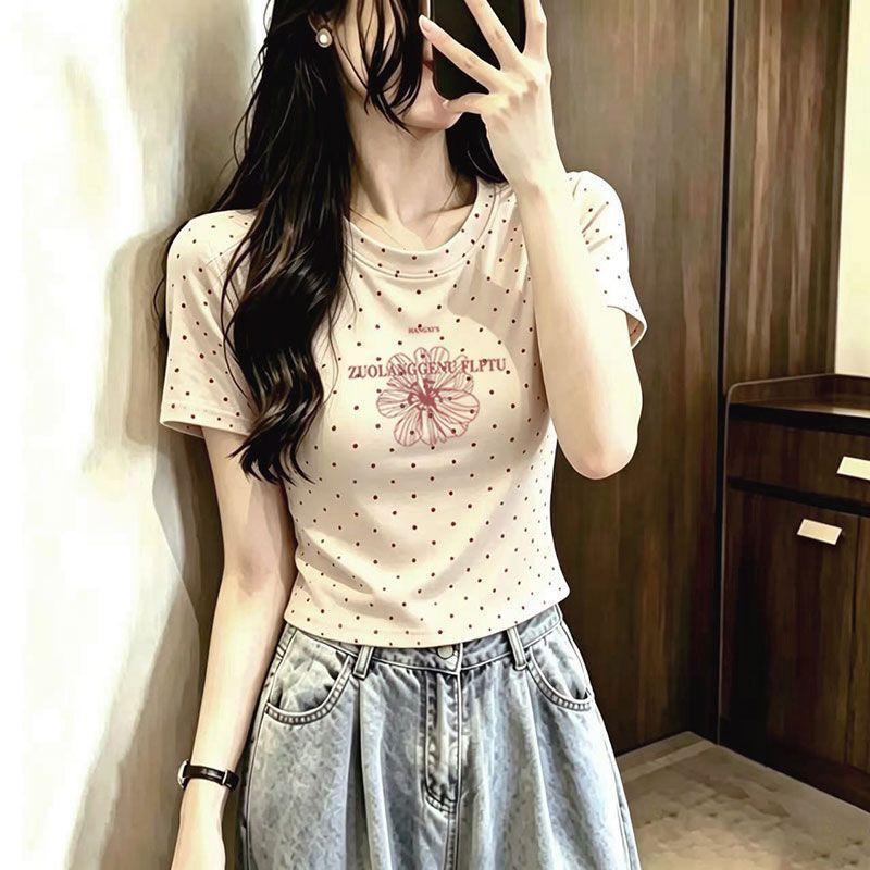 [สินค้าใหม่] ฤดูร้อนด้านหน้าไหล่แขนสั้นเสื้อยืดผู้หญิงผ้าฝ้ายSlimmerดูรอบคอสั้นสไตล์All-Matchสาวหวาน