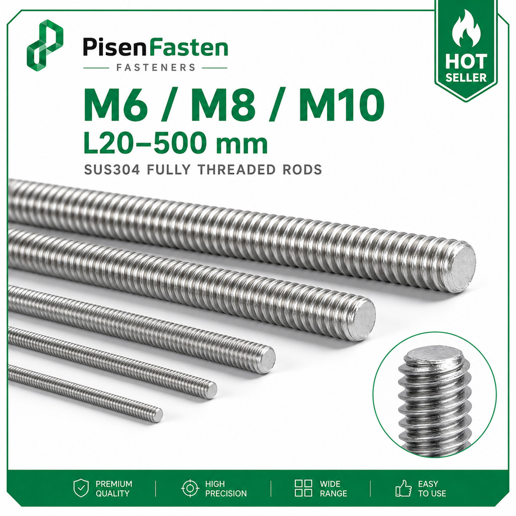พร้อมส่ง [พร้อมส่ง] สตั๊ดเกลียวตลอด สแตนเลส 304 (Threaded Rod) แท่งเกลียวเพลา ไม่เป็นสนิม ยาว 1 เมตร M6 - M10 / SUS 304 All Thread Bar  M6/M8/M10 * L20-500mmDX-TH-03