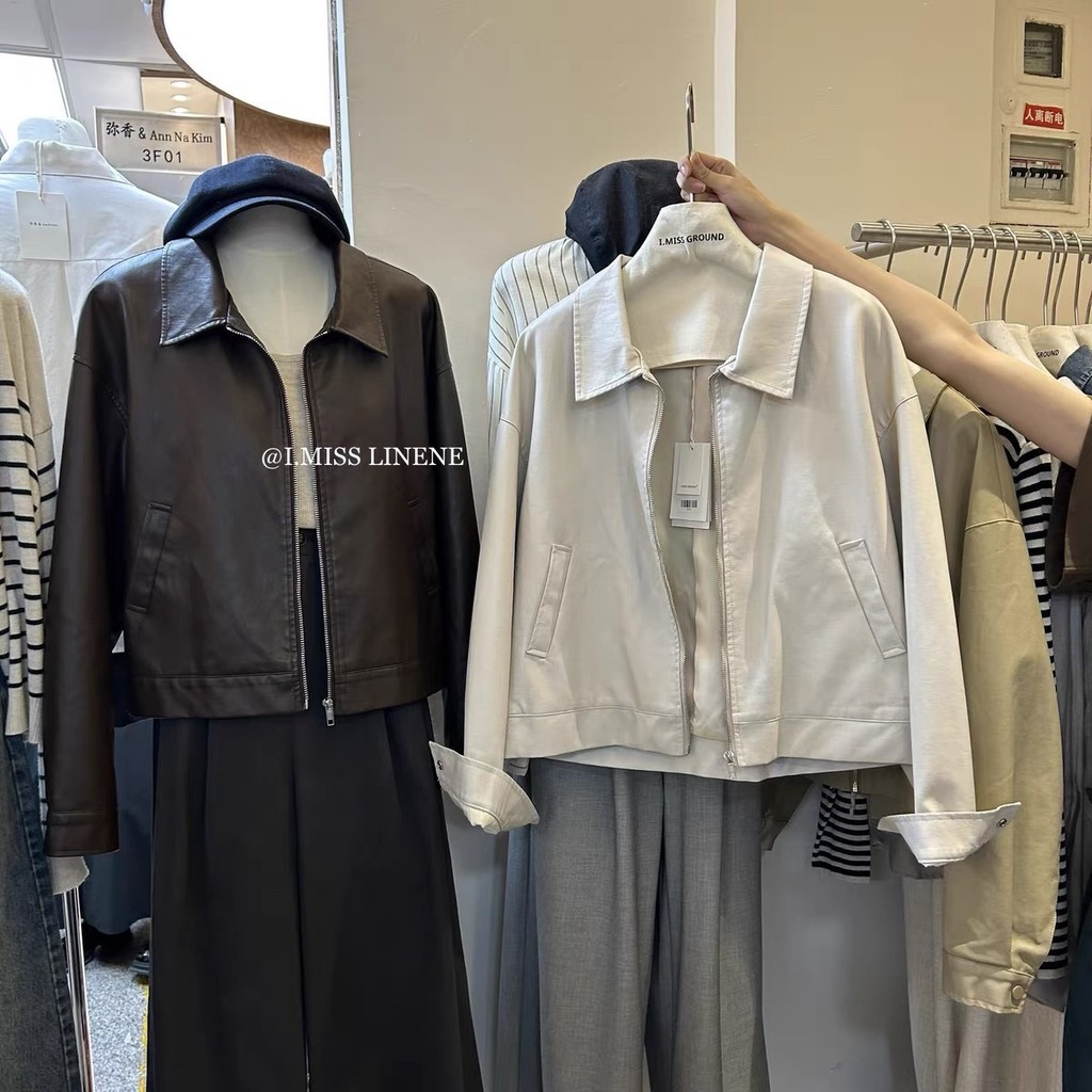เสื้อแจ็คเก็ตสั้น PU Biker คอปกวินเทจสําหรับผู้หญิงฤดูใบไม้ร่วง