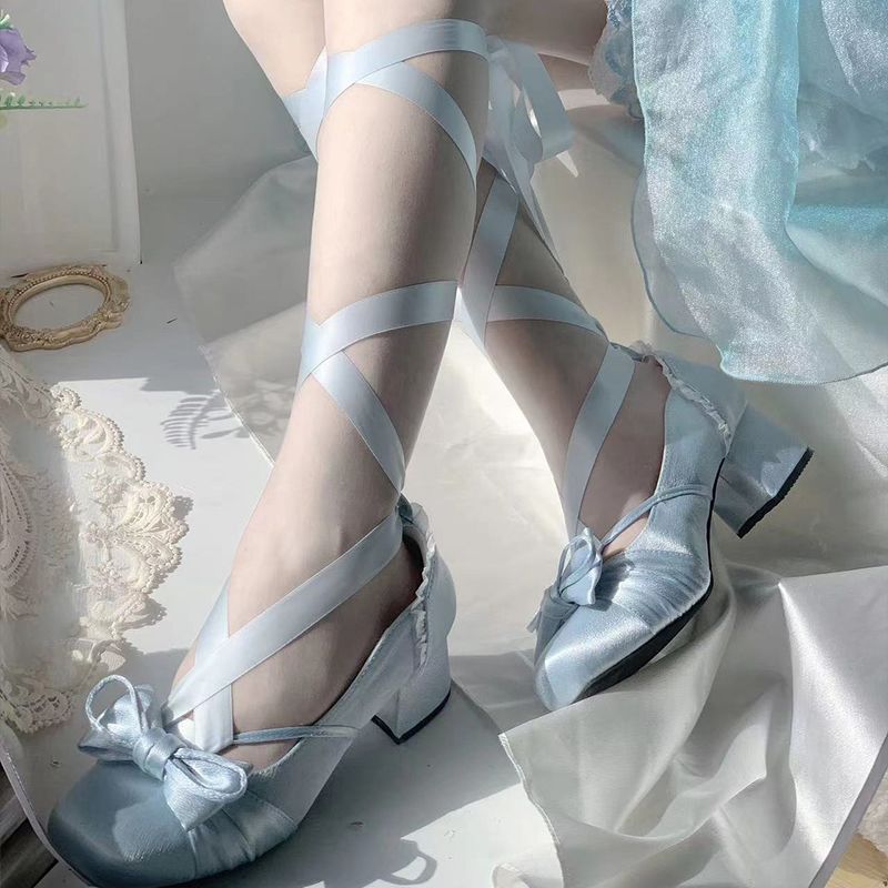 ✨ร้านแนะนํา✨ซาติน Laced-Up Elegant ริบบิ้นบัลเล่ต์รองเท้า Laced-Up Photo ภาษาฝรั่งเศสคําลูกวัว Laced