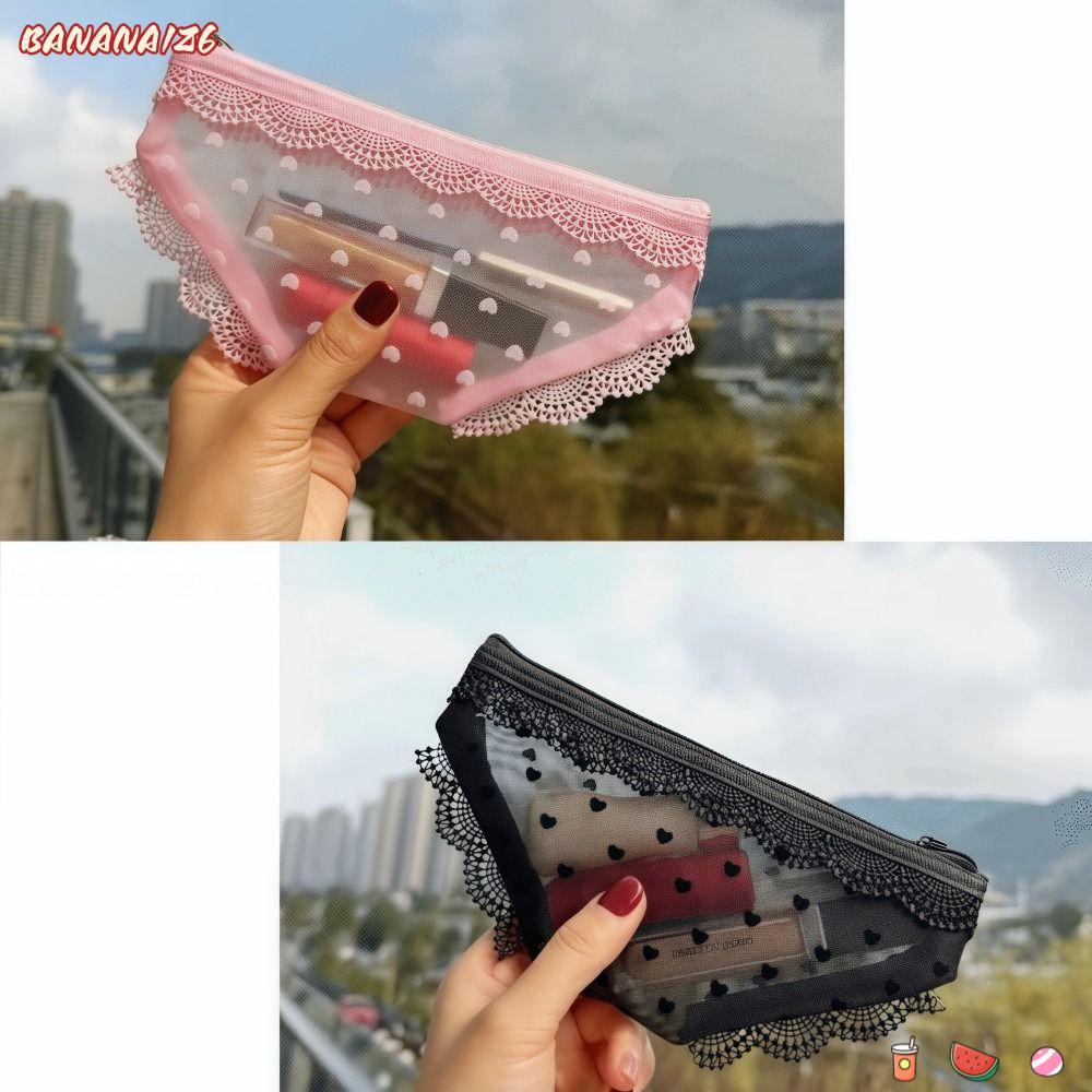 BANANA1Z6 กระเป๋าเครื่องสําอาง,ตาข่ายใสกระเป๋าเก็บแต่งหน้า,กางเกงเฉพาะรูปร่าง Y2K Lace Heart Toiletr