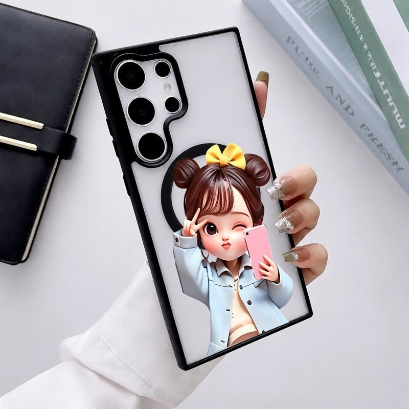เคสแม่เหล็กกันกระแทก ลายสาวน้อยโบว์เหลือง สำหรับSamsung S25 Ultra S24 Ultra S23 Ultra A56 A55 A35 A15