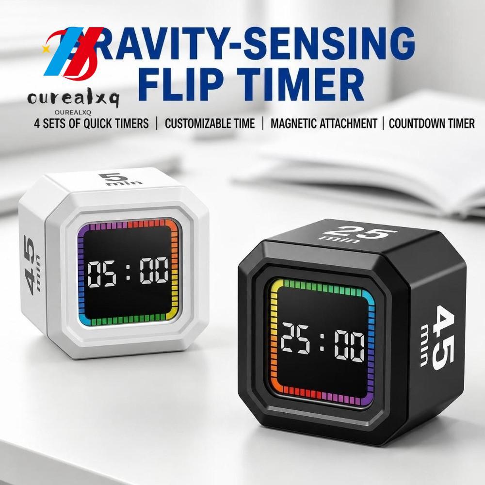 OUREAPH Digital Flipping Timer, Gravity Sensing ชาร์จ Pomodoro Timer Cube, 5/10/25/40min การหมุนจับเ
