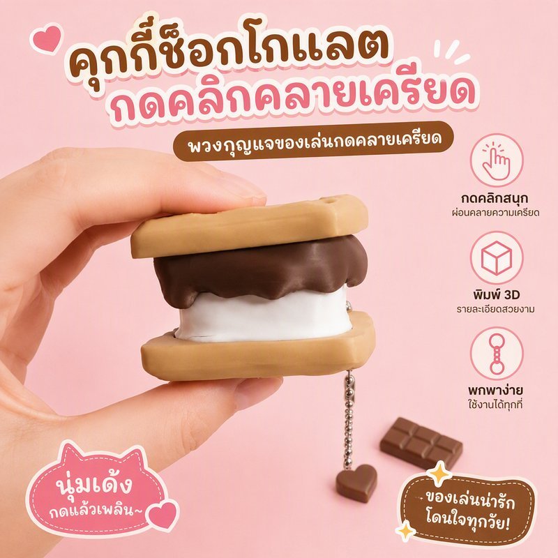 ASMR Clicker ปุ่มกดผ่อนคลาย คุกกี้ช็อกโกแลต พวงกุญแจปุ่มคีย์บอร์ด โมเดลอาหาร ดีไซน์น่ารัก กดเพลิน