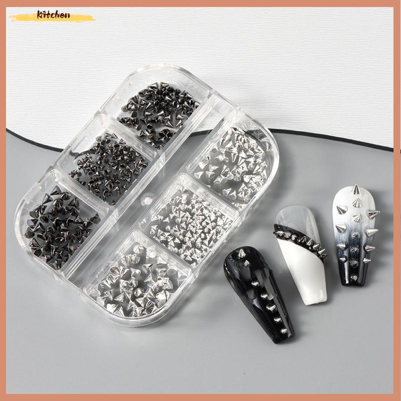 XDT Y2K Punk โลหะ Rivet กรวยเล็บ Charms 3D โลหะผสม Studs สีดําเงิน DIY ตกแต่งเล็บ KCP