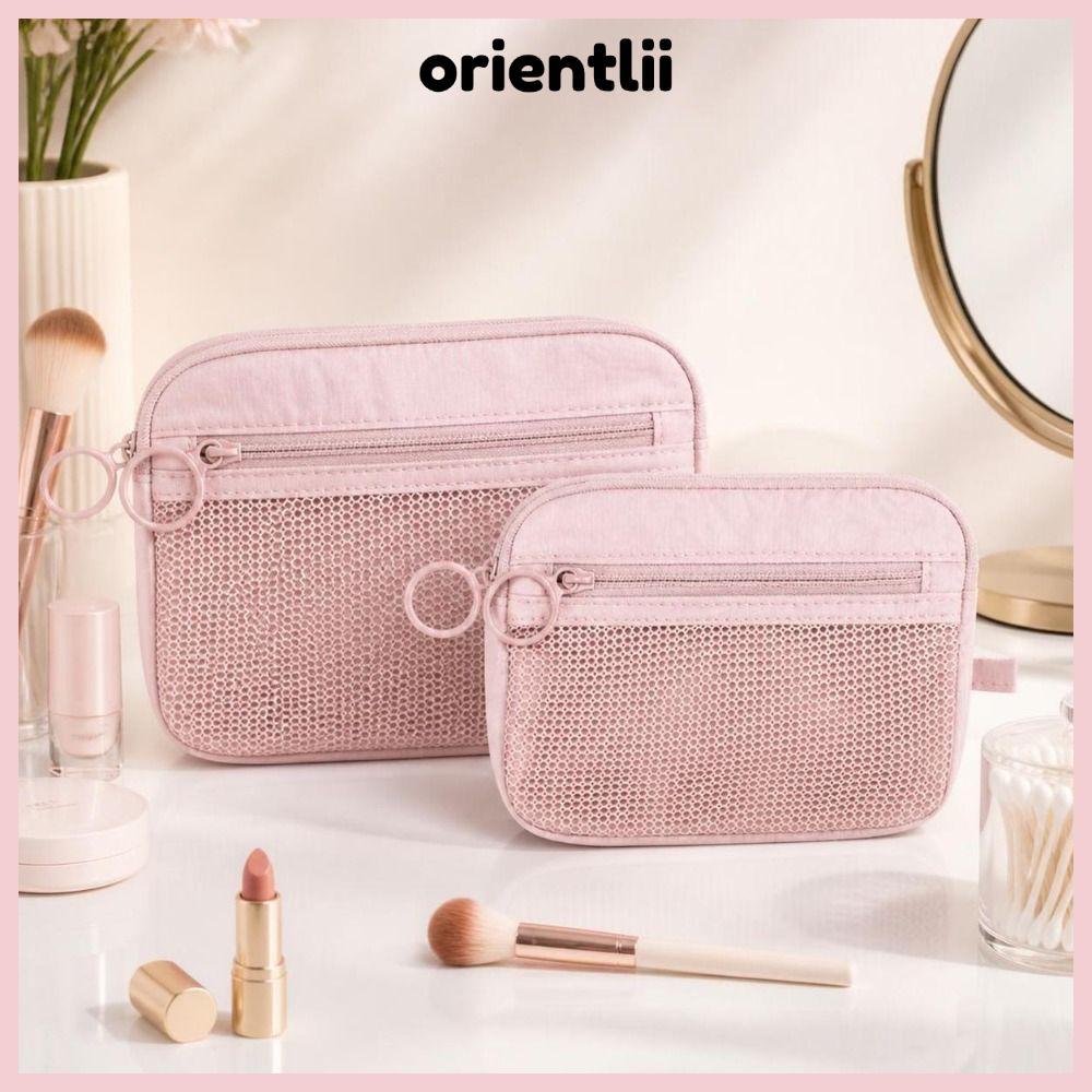 ORIENTLIIY Travel Organizer,Double Layer Nylon Mesh Storage Pouch, Zipper Portable Pink Cosmetic Bag