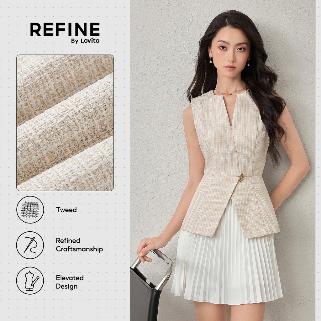 (Refine by Lovito) เดรสทำงาน ผ้าทวีด ดักซับเหงื่อ ต่อผ้า พลีท ลายโลหะ เดรสผู้หญิง ฤดูใบไม้ผลิ-ฤดูร้อน DRR42P1D011