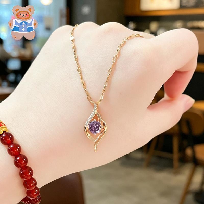 【CRD】สร้อยคอจี้หัวใจสแตนเลสคริสตัลสีม่วงสําหรับผู้หญิงของขวัญเครื่องประดับสไตล์เกาหลี
