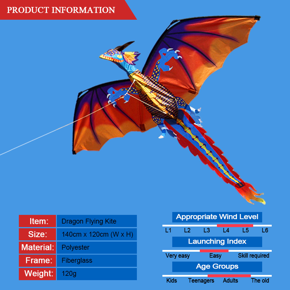 Nea 140 ซม.x 120 ซม./55 47 นิ้ว Dragon Kite Single Line Flying พร้อมหาง 100 M สําหรับเด็กผู้ใหญ่