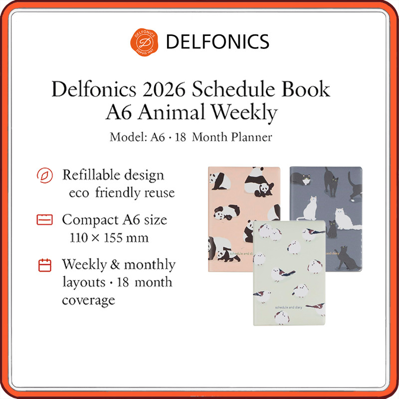 Delfonics 2026 A6 Animal Weekly Planner – Compact 18-Month Refillable Schedule Book (Oct 2025 Start,