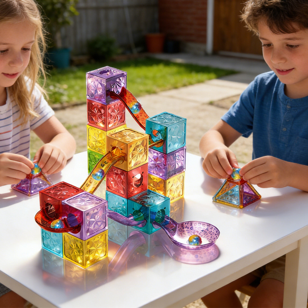 28PCS DIY พลาสติกแม่เหล็ก Building Block Track ชุด 3D กระเบื้องการศึกษา EN71 ได้รับการรับรองของเล่นก