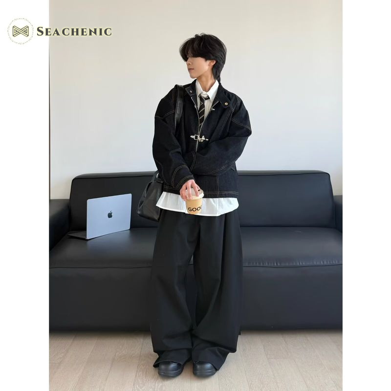 Seachenic Retro Workwear Jacket คอตั้งและการออกแบบ Snap โลหะสําหรับผู้ชายและผู้หญิง