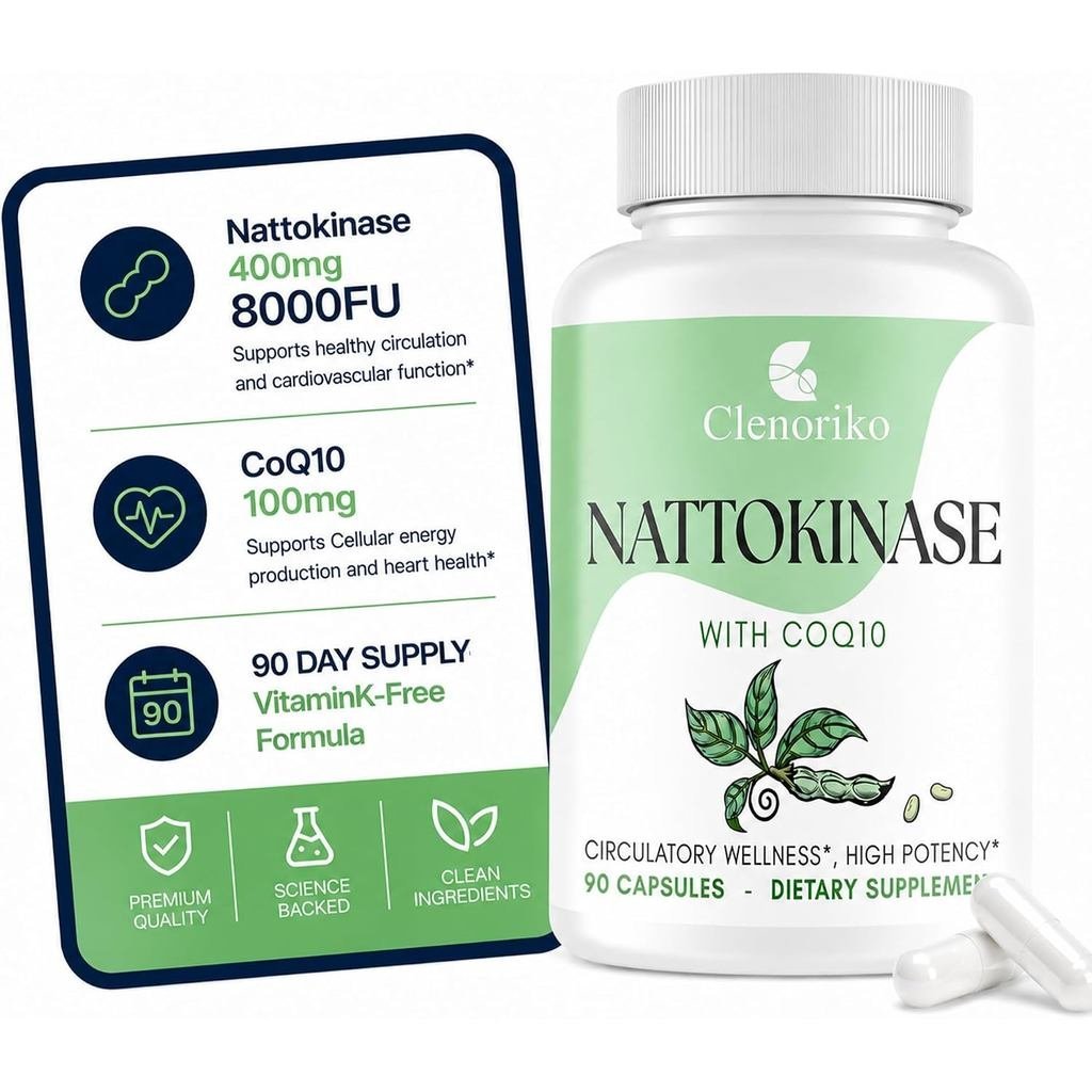 อาหารเสริม Nattokinase – วิตามิน K2 ฟรี | Nattokinase 8000 FU และ CoQ10 100 มก. สําหรับหัวใจ* & การไ