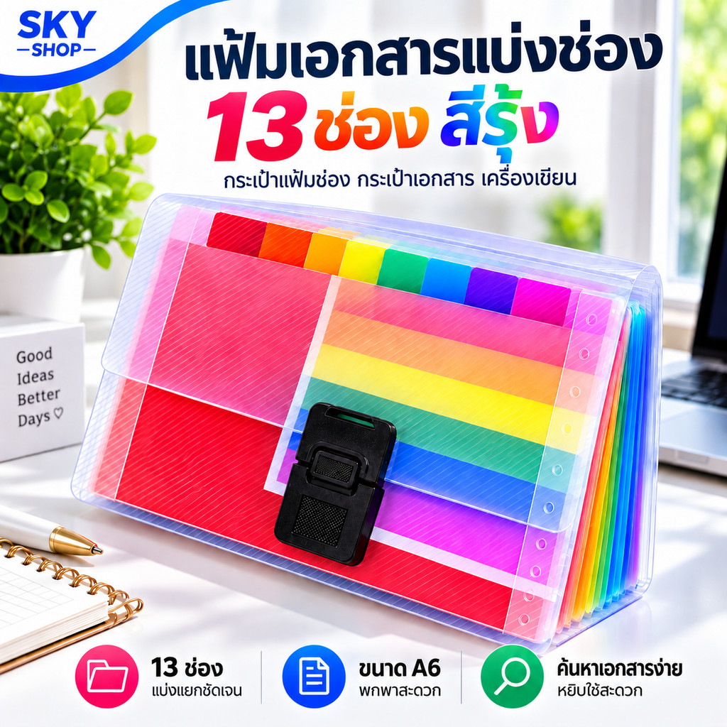SKY แฟ้มเอกสารแบ่งช่อง 13ช่อง สีรุ้ง A6 แบ่งเเยกชัดเจน กระเป๋าแฟ้มซอง กระเป๋าเอกสาร เครื่องเขียน