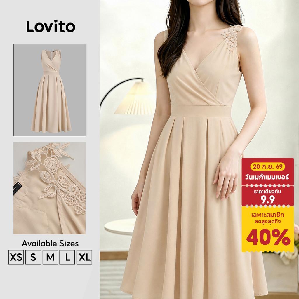 Lovito ชุดเดรสลําลองผู้หญิง ลายพิมพ์ ซิป สีกากี สําหรับฤดูใบไม้ผลิและฤดูร้อน DRK8P1D927