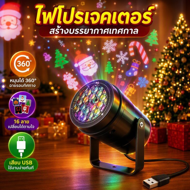 ไฟโปรเจคเตอร์ LED USB เกล็ดหิมะ คริสต์มาส ฮาโลวีน 16 ลายเปลี่ยนได้ หมุนได้ 360 องศา สร้างบรรยากาศ