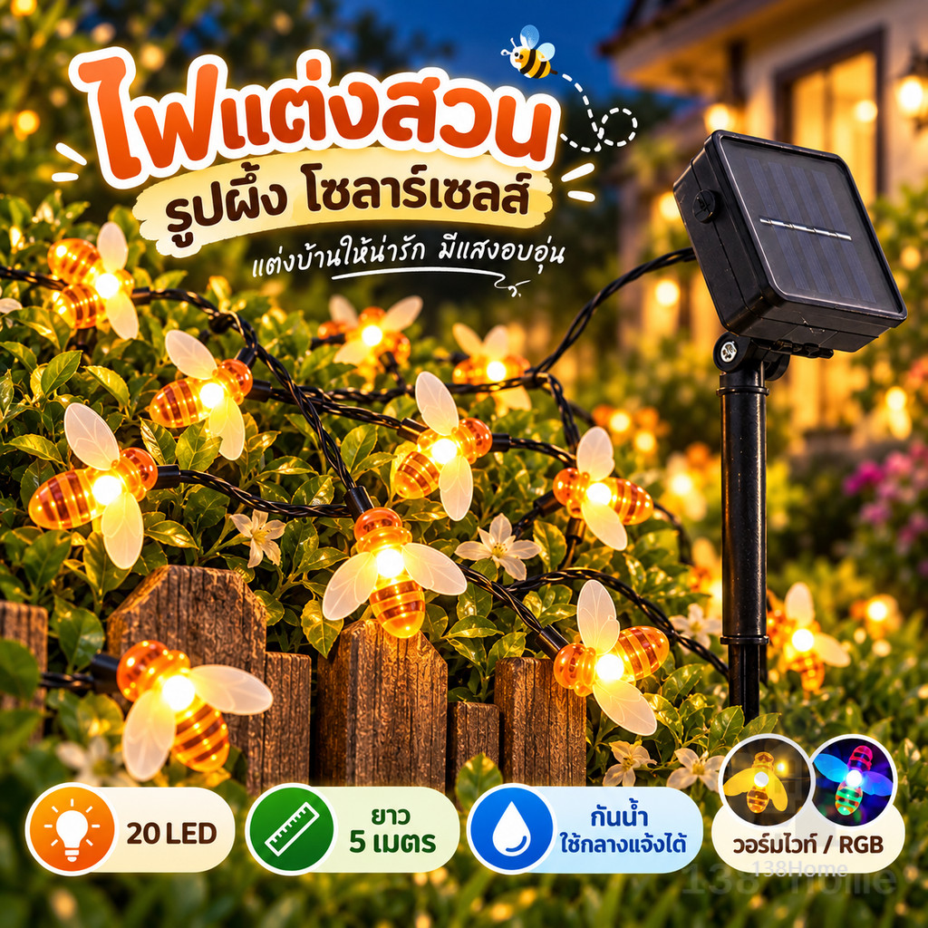 ไฟตกแต่งโซล่าเซลล์ 20LED ไฟผึ้งกันน้ำ 5M ประประดับกระพริบ ไฟผึ้งโซล่าเซลล์ bee Solar decoration light ไฟปีใหม่ ไฟคริสมาส