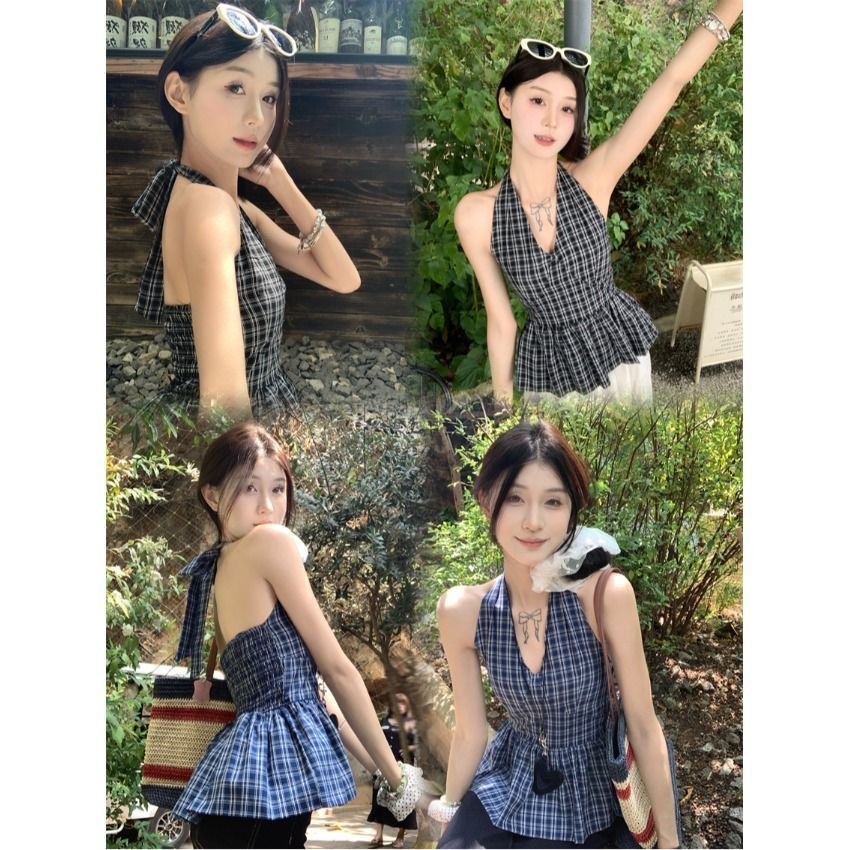 Dahong 💖99190 เสื้อคล้องคอลายริ้ว  คอวีลึก ลายสก็อต ทรงสวย  สไตล์เกาหลี ชุดไปเที่ยวเซ็กซี่แฟชั่น สำหรับผู้หญิง