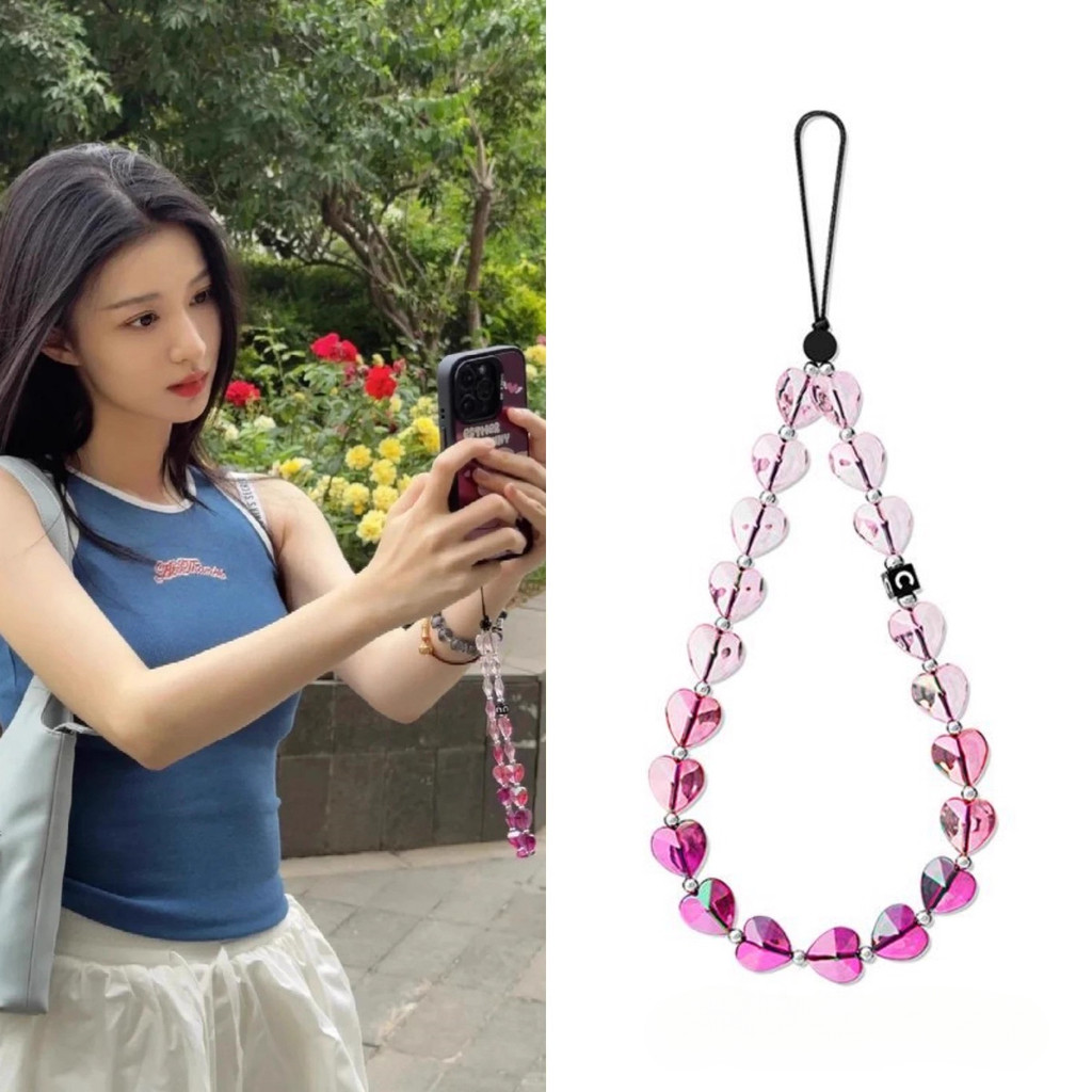 CASE Wang Churan Liu Haocun Same Style Gradient Pink Heart Chain Universal สีสัน Pearl แขวนเชือกตกแต