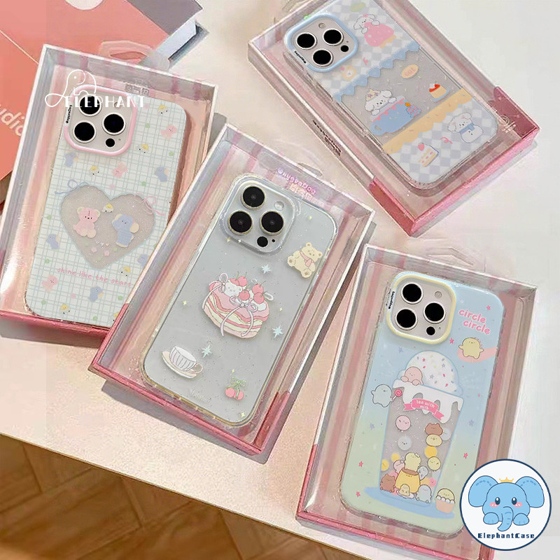 เคสโทรศัพท์รุ่น 15 16 สำหรับ IPhone 16 12 13 11 15 14 Pro Max XR X XS 6 7 8 15 14 Plus เค้กรักหัวใจหมีลูกสุนัขกากเพชร